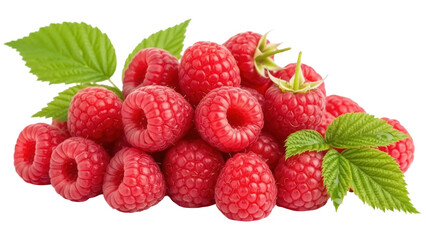 Pile of fresh raspberries PNG isolated on transparent background, delicious red fruit with green leaves for healthy eating