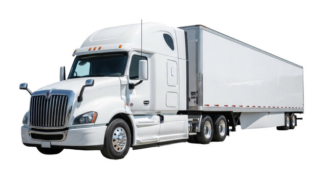Modern white semi-truck isolated PNG on transparent background, commercial transport vehicle for freight and logistics operations