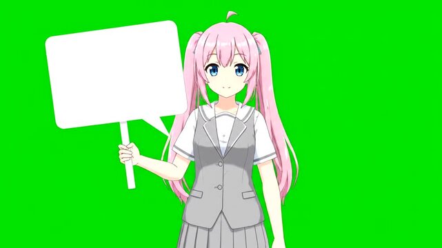 Anime girl holding a blank sign on a green screen background for compositing.