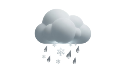 Gray cloud with raindrops and snowflakes isolated PNG, weather forecast element for graphic design and meteorology concepts