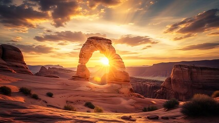 A mesmerizing sunset over delicate arch with brilliant sunbeams shining through the natural rock formation