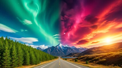 A majestic landscape where aurora meets a vibrant sunrise over snow-capped mountains