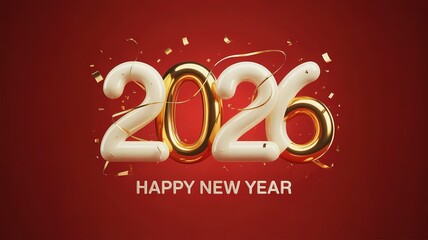 Elegant Golden 2026 New Year Greeting Card Design on Red Background with Festive Confetti Elements Perfect for Holiday Celebrations and Greetings