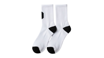 Pair of white socks with black accents isolated PNG, athletic apparel for sports and casual wear on transparent background