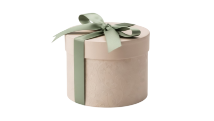 Elegant beige gift box with sage green ribbon isolated PNG, present for special occasions on transparent background