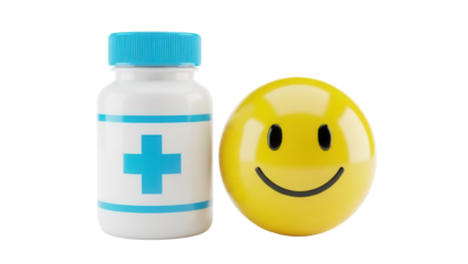 Pill bottle with blue cap and smiley face isolated PNG, concept of happy and healthy lifestyle and positive attitude towards medication