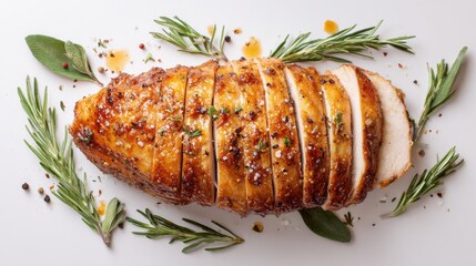 Herb Roasted Chicken Breast with Rosemary and Spices on White Background