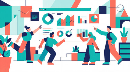 Flat Business Team Collaborating in Modern Office Illustration