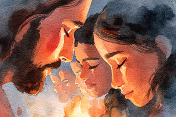 Watercolor illustration of diverse individuals in prayer, expressing deep faith and spirituality