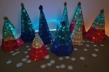 Merry Christmas holiday card illustration featuring a winter fir tree with stars and snowflake decorations in a festive New Year art pattern design