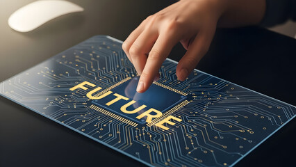 A hand touches a futuristic circuit board displaying the word FUTURE in glowing golden letters representing technological advancement and innovation