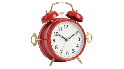 Red vintage alarm clock PNG isolated on transparent background, retro timepiece for time management and reminders