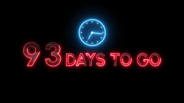 93 Days to go animation. Timer clock icon.  Neon counting days. Neon countdown timer.