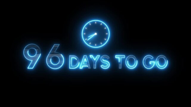 96 Days to go animation. Timer clock icon.  Neon counting days. Neon countdown timer.