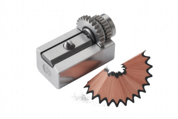 Silver mechanical pencil sharpener with a sharpened pink pencil and shavings transparent background