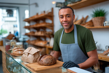 Male baker standing in small bakery smiling