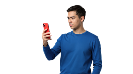 Young man in blue sweater using a red smartphone.