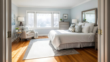 Bright and Elegant Modern Bedroom with Sunlight Streaming Through a Large Window, Luxurious White Bedding and Contemporary Decor