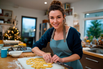 Woman baking holiday cookies using cookie cutters