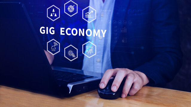 Gig economy, freelance, hybrid workplace concept. combination of employment trend, growing to external hiring. not ai