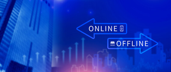 Online vs offline business sales or marketing strategy concept, Transition from offline to online in commerce business.