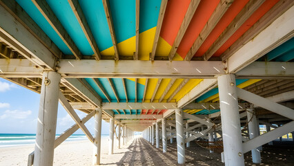 Vibrant Underside View of a Wooden Pier with Colorful Geometric Patterns, Beach and Ocean in the Background
