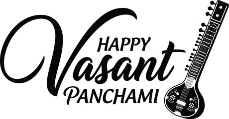 Happy Vasant Panchami greeting with black and white Veena musical instrument silhouette, elegant typography for Saraswati Puja festival celebration, flat vector illustration © Amol Chandra