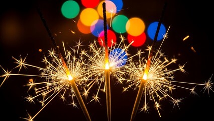 Sparklers shining brightly in the night with colorful lights