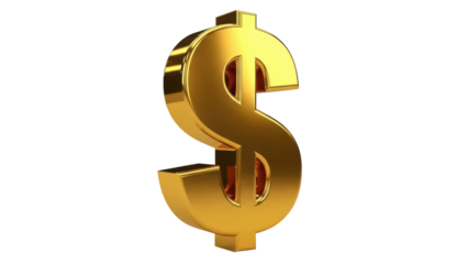 Golden dollar sign isolated PNG on transparent background, currency symbol for finance and investment concepts