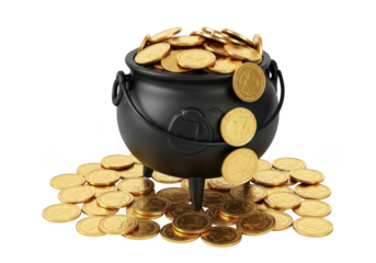 Black cauldron filled with gold coins on white background with coins scattered around it