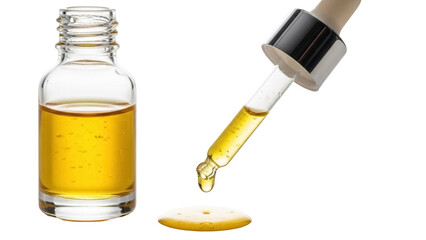 Golden cosmetic oil in glass bottle with dropper isolated PNG, natural beauty serum for skincare and aromatherapy on transparent background