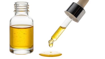 Golden cosmetic oil in glass bottle with dropper isolated PNG, natural beauty serum for skincare and aromatherapy on transparent background