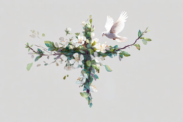 White dove flying above a floral cross symbolizing peace, faith, and spirituality in nature