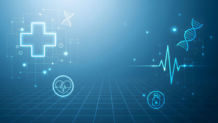 Abstract futuristic healthcare background featuring glowing medical icons, DNA helix and heartbeat line in clean blue tones. Ideal for medical websites, presentations, banners, and health technology b