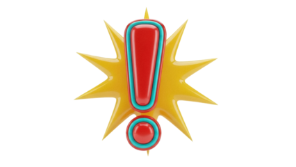 Red and turquoise exclamation mark PNG isolated on transparent background, attention sign with yellow starburst for graphic design