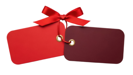 Two gift tags with red ribbon isolated on transparent background PNG, blank price tags for Christmas presents and holiday sales