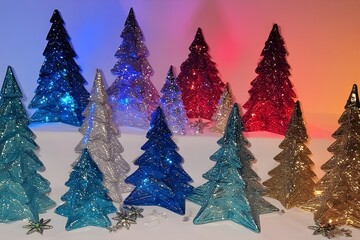 A festive Christmas winter forest landscape featuring a pine tree in the snow under a blue night sky with snowflake vector illustrations for a holiday celebration card design