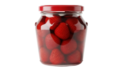 Strawberry jam in a glass jar with red lid isolated PNG, homemade fruit preserve on transparent background for food and dessert concepts