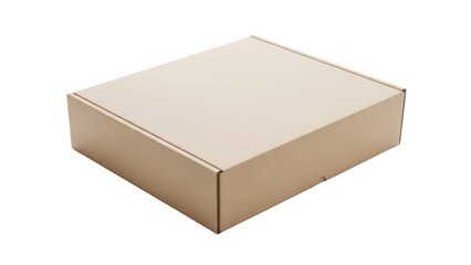 Beige cardboard box isolated PNG on transparent background, closed carton container for shipping and storage, packaging mockup