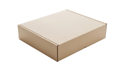 Beige cardboard box isolated PNG on transparent background, closed carton container for shipping and storage, packaging mockup