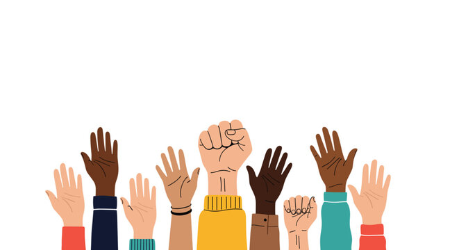 Diverse group of multiracial hands raised up in the air, symbolizing unity, community, activism, and social empowerment together.