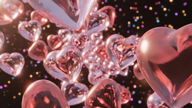 Shiny heart metallic pink reflective floating bokeh lights romantic decoration glossy surface pink glass heart cluster sparkling confetti valentine celebration gift love shiny glass heart balloon