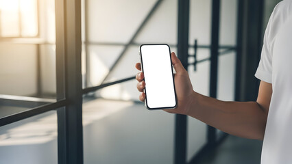 Hand holding a smartphone with a blank white screen in a bright modern office space