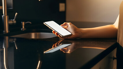 A hand holds a bright white screen smartphone over a dark countertop near a kitchen sink with warm sunlight illuminating the scene