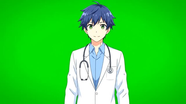 Anime style doctor with a stethoscope on a green screen background.