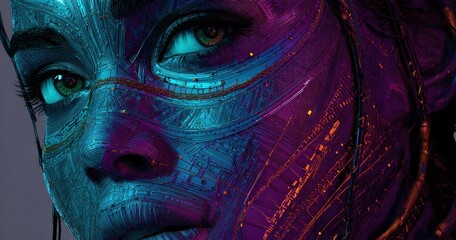 Close up portrait of a person with colorful artistic face paint and glowing effects