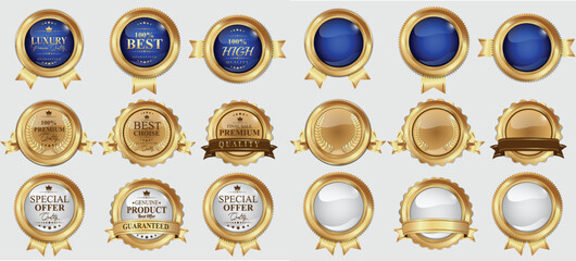 Collection of luxury golden badge premium quality labels seals glossy metallic labels laurels and ribbons blue gold emblems. Vector illustration.