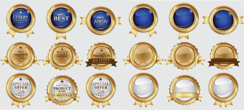 Collection of luxury golden badge premium quality labels seals glossy metallic labels laurels and ribbons blue gold emblems. Vector illustration.
