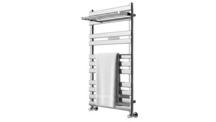 Perspective detail shot of a modern towel warmer radiator in a bathroom setting isolated on white background