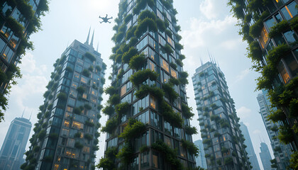 Obraz premium Futuristic eco-friendly skyscrapers with lush greenery in modern cityscape